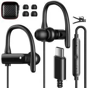 USB C Headphones Over Ear Hooks for iPhone 15 Pro Max Plus, Wrap Around Ear Buds with Loops Mic Type C Earphones Running Sport Wired Earbuds for Samsung Galaxy A35 S24 Ultra S23 Fe S22 Pixel 8 Pro 7 A