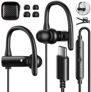 USB C Headphones Over Ear Hooks for iPhone 15 Pro Max Plus, Wrap Around Ear Buds with Loops Mic Type C Earphones Running Sport Wired Earbuds for Samsung Galaxy A35 S24 Ultra S23 Fe S22 Pixel 8 Pro 7 A