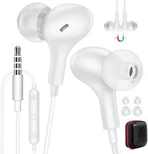 Wired Earbuds Noise Canceling for Chromebook PC School, 3.5mm Headphones Ear Buds Wired with Mic Magnet Stereo Plug in Earphones Cord for Galaxy A25 A15 A12 A03s S10 Moto Switch Laptop Computer, White