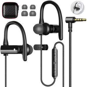 5.9 ft Long Cord 3.5mm Headphones Sport Wired Earbuds with Mic Noise Isolating Earphone HiFi Stereo Over Ear Buds Wired Plug in with Ear Hook for Samsung Galaxy A25 A03s A15 S10 A12 Switch Laptop PC