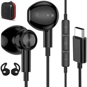 Headphones for Galaxy S25 Ultra/iPhone 16 Pro Type C Earphones with Microphone Volume Control - HiFi Stereo Plug-in Wired Ear Buds with Wing Covers for iPad, Samsung S24/S23/S22/S21/S20 Ultra