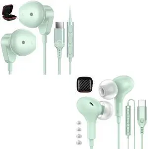 2-Pack USB C Headphones Green for iPhone 15/15 Plus/ 15 Pro/ 15 Pro Max, Samsung Galaxy S24 S23 S22 S21 S20 A53 Flip Fold