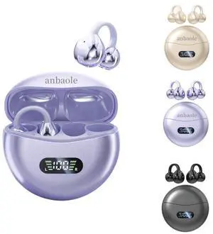 anbaole Clip on Wireless Bluetooth 5.4 Earphones, Open Sport Earphones with Microphone, Noise Reduction, Waterproof, Fitness Earbuds, LED Battery Display, Ultra Long Standby (Purple)