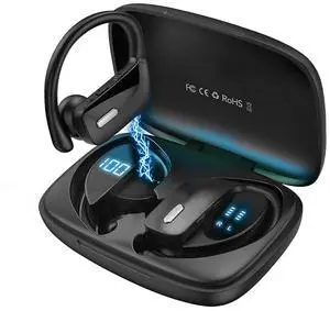 Acuvar Bluetooth Headphones - Earbuds with Ear Hooks | Sport Earbuds Wireless Earbuds for iPhone Bluetooth Headphones Noise Canceling with Smart Charging Case (Black)
