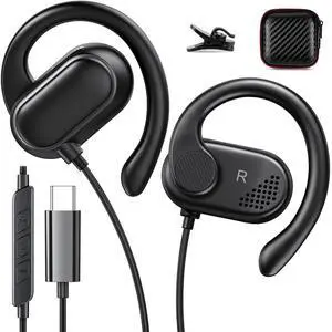 USB C Earbuds Over Ear Headphones for iPhone 16 Plus Samsung Z Flip Fold 6 A35 S24 Ultra S23 Pixel 8 7 Open Ear Headset Wired Type USB-C Sport Earphone with Microphone Volume Control Rotatable Earhook