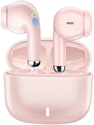 Wireless Earbuds for iPhone 16 15 Pro 14 Plus 13 XR iPad 10th Bluetooth 5.3 Headphones for Samsung Note 20 Ultra S21 S25 S24 S23 S22 HiFi Stereo Sound Earphones with Mic Noise Cancelling Headset Pink