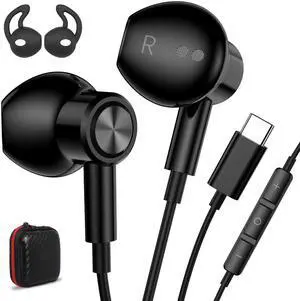 USB C Headphones USB Type-C Earbuds for iPad 10th Generation iPhone 16 15 Samsung Note 20 Ultra S21 S25 S23 S24 Wired Earphones with Microphone Volume Control Noise Isolating HiFi Stereo Headset Black