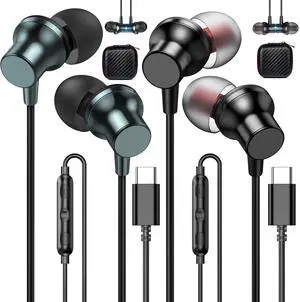2 Pack USB C Headphones with Microphone Wired Earbuds for iPhone 15 Pro Max Magnetic in-Ear Noise Canceling Type C Earphone Volume Control Black and Dark Green