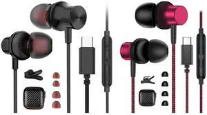 2 Pack USB C Earbuds for Samsung Galaxy S25 Ultra S24 S23 FE S22 S21 Plus in Ear Noise Canceling HiFi Stereo Android Headphones Nylon Braided Wired Earphones with Mic Headset for iPhone 16 15 Pro Max