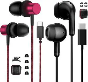 2 Pack USB C Earbuds for Samsung Galaxy S25 Ultra S24 S23 FE S22 S21 Plus in Ear Noise Canceling HiFi Bass Stereo Android Headphones Nylon Braided Wired Earphones with Mic Headset for iPhone 16 iPad