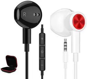 ACAGET 3.5mm Headphones Black + White 2 Pack Wired 3.5mm Earbuds for iPhone 6S Plus 6 5S Noise Cancelling Earphones Magnetic Headset for Samsung Galaxy S10 S9 A23 A13 A32 A52 OnePlus 6 5T