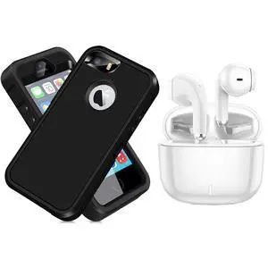Bluetooth 5.3 Wireless Earbuds & Dual-Layer Shockproof Case for iPhone 5/5s/SE (2016), True Wireless Headphones for Android/iSO & Heavy Duty Rguuged Protective Phone Case for iPhone 5/5s, Black