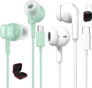 2 Pack USB C Headphones for Samsung Galaxy A56 A54 A36 S25 Ultra S24 S23 S22 S21 Wired Earbuds with Mic for iPad Pro Air A16 Mini 7 Lightweight Small Ear Type C Earphones for iPhone 16 Pro Max 15 Plus