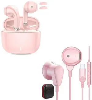 ACAGET Wired Type C Headphones and Ture Wireless Earbuds for iPhone Samsung Google iPads, Noise Cancelling, Bluetooth V5.3, Confortable Fit, Pink Earphones for Girl Women