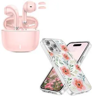 ACAGET Pink Wireless Earbuds & Floral Pattern Magsafe Case for iPhone 15 Pro Max, Blutooth 5.3 Headphones with HD Mic for iPhone Android & Flower Phone Cases with Magnetic for iPhone 15 Pro Max