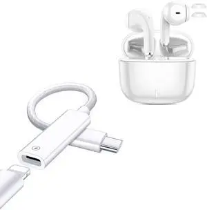ACAGET USB C to iPhone 15 Adapter Cable & Wireless Headphones for iPhone 15 Pro Max, for iPad 10, iPad Pro/Air/Mini, 27W PD Fast Charging & Data Transfer USB Type C Cable + Bluetooth 5.3 Earbuds White