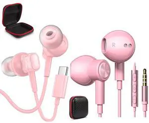 ACAGET Pink Wired USB C Earphones 2 Pack, 3.5mm Plug & USB C Plug, Sound, Noise Isolation, Compatible with Smartphones Tablets & Laptops, Comfortable Fit Small Ears