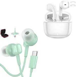 Wireless Bluetooth 5.3 Earbuds & USB-C Wired Earphones - All Day Playtime, HD Noise Cancelling, Comfort Fit, Compact Design for Travel/Sports, Universal Compatible with Android & iSO