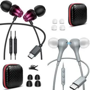 2 Pack USB Type C Headphone for iPad Mini Laptop School Kid Wired Earbuds for iPhone 16 Pro Max 15 Plus for Samsung S24 FE S23 in-Ear Noise Canceling Android Earphone with Mic Volume Control