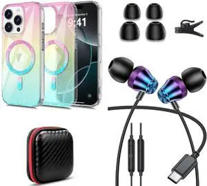 TOPAUX for iPhone 16 Pro Max Glitter Case + USB C Headphone for iPhone 16 Pro Max 15 Plus for iPad Mini Laptop School in-Ear Noise Canceling Kid Wired Earbuds for Samsung S24 S23 A16 Google Pixel