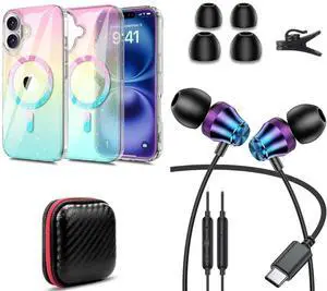 TOPAUX for iPhone 16 Plus Glitter Case + USB C Headphone for iPhone 16 Pro Max 15 Plus for iPad Mini Laptop School Kid in-Ear Wired Earbuds for Samsung S24 S23 A16 Google Pixel