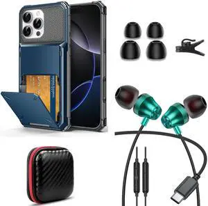 TOPAUX for iPhone 16 Pro Max Wallet Case + USB C Headphone for iPhone 16 Pro Max 15 Plus for iPad Mini Laptop School Kid in-Ear Noise Canceling Wired Earbuds for Samsung S24 S23 A16 Google Pixel