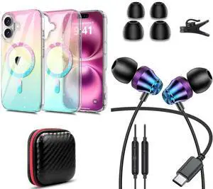 TOPAUX for iPhone 16 Bling Case + USB C Headphone for iPhone 16 Pro Max 15 Plus for iPad Mini Laptop School Kid in-Ear Noise Canceling Android Type C Wired Earbuds for Samsung S24 S23 A16 Google Pixel