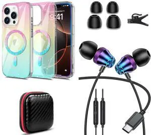 TOPAUX for iPhone 16 Pro Glitter Case + USB C Headphone for iPhone 16 Pro Max 15 Plus for iPad Mini Laptop School Kid in-Ear Noise Canceling Android Wired Earbuds for Samsung S24 S23 A16 Google Pixel