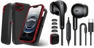 TOPAUX for iPhone 16e Case Heavy Duty Full Body Drop Protection Wired Earbuds USB C Headphone for iPhone 16e 16 Pro Max 15 Plus Noise Canceling HiFi Bass Stereo in-Ear Headset Type C Earphone