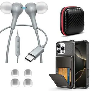 TOPAUX for iPhone 16 Pro Wallet Case + USB C Headphone for Apple Magnetic Type C Wired Earbuds for iPhone 16 Pro Max 15 Plus for iPad Mini School Kid Adult in-Ear Noise Canceling Laptop Headset + Mic