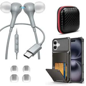 TOPAUX for iPhone 16 Wallet Case + USB C Headphone for Apple Magnetic Type C Wired Earbuds for iPhone 16 Pro Max 15 Plus for iPad Mini School Kid Adult in-Ear Noise Canceling Laptop Headset + Mic