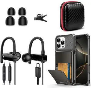 TOPAUX for iPhone 16 Pro Wallet Case + USB C Headphone Over-Ear Hook Wired Earbuds for iPad Mini Air School Kid Adult Laptop Noise Canceling in-Ear Headset Android Type C Earphone for iPhone 16 Pro 15
