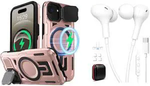 TOPAUX for iPhone 16e Case Camera Cover Kickstand Lens Protector Magnetic Back Cover in-Ear Wired Earbuds USB Type C Headphone for iPhone 16e 16 Pro Max 15 Plus for Samsung Galaxy S25 S24 S23 A36 A54