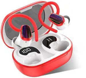 Wireless Earbuds Bluetooth 5.3 Headphones Ear Buds with Earhooks, LED Display, IPX7 Waterproof Earbuds for Sport, Red