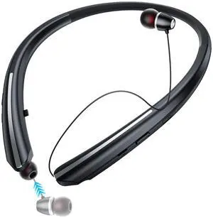 Bluetooth Headphones Neckband, Retractable Headset Wireless Sports Earbuds Noise Cancelling Stereo Earphones with Microphone, IPX5 Sweatproof, Compatible with iPhone Android Samsung PC (Black)