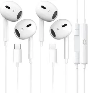 2 Packs USB C Headphones for iPhone 16 15 Earbuds with Microphone & Volume Control HiFi Stereo Type C Earphones for Galaxy S23/S22/S21/S20/Ultra Note 10/20, for iPad Pro Pixel 7/6/6a/5/4 OnePlus 9 8