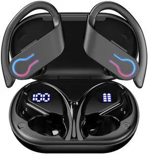 Wireless Bluetooth Earbuds with 200H Playtime, Bluetooth 5.4 Low Latency, Smart Noise Cancellation, IPX7 Waterproof, LED Power Display & Ergonomic Ear Hook  Ideal for Sports, Work & Travel- Black