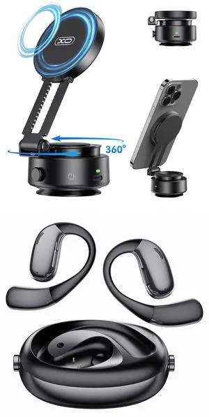 XO Simple is Beauty 360°Rotating Electric Vacuum Magnetic Suction Phone Holder+Open Ear Headphones, Bluetooth Headphones 50H Playtime with Noise Canceling Mic Headsets