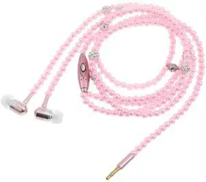 UKCOCO in-Ear Eardphones with Mic - in-Ear Headset with Remote and Mic Hands - Wired Pearls Chain Universal Earphone for Girls Women Student (Pink)