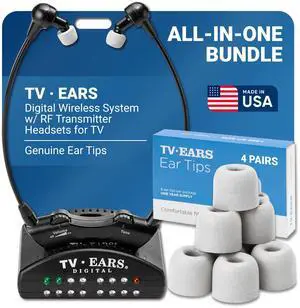 TV·EARS Wireless Headset System Bundle - Analog & Digital Compatible, Ideal for Seniors & Hearing Difficulties, Includes RF Transmitter, 4 Replacement Ear Tips, Easy to Use, Compatible with most TVs