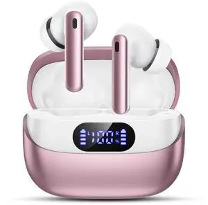 TUMJUN Wireless Earbuds, 42H Playtime Bluetooth 5.3 Headphones, HiFi Stereo Call Noise Cancelling Earbuds, IPX7 Waterproof Stereo in-Ear Earphones with LED Display for iOS Android (Elegant Rose Gold)