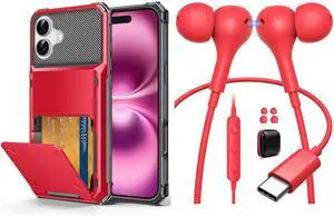 TOPAUX USB C Headphone Magnetic Ergonomic in-Ear Wired Earbuds, for iPhone 16 Wallet Case 5 Credit Card Holder Flip Cover for iPhone 16 Case Back Pocket