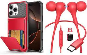 TOPAUX USB C Headphone Magnetic Ergonomic in-Ear Wired Earbuds, for iPhone 16 Pro Case 6.3 Wallet 5 Credit Card Holder for iPhone 16 Pro Slot Back Pocket Flip Cover Dual Layer Shockproof Bumper
