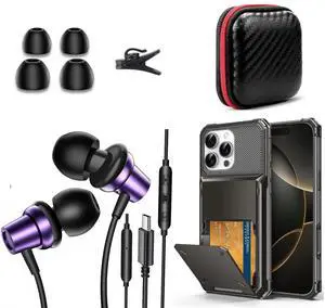 TOPAUX for iPhone 16 Pro Max Case Wallet 5 Credit Card Holder USB C Headphone for iPhone 16 Pro Max in-Ear Wired Earbuds with Mic Volume Control School Kid Adult Laptop