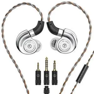 TRN Conch Wired Earphones with Mic 10mm Dual Driver HiFi in-Ear Monitors | Detachable Cable & 3 Interchangeable Nozzles, Includes 2.5mm/3.5mm/4.4mm Jack (Silver)