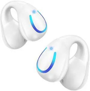 Open Ear Bone Conduction Headphones Bluetooth 5.3 Wireless Open Clip Ear Earbuds Built-in Mic with Ear Hooks 60 Hours Playtime Sport Earphones IPX7 Waterproof for Fitness Running Walking White