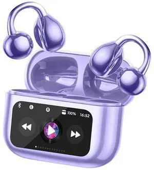 Open Ear Clip On Earbuds Intelligent Touch Color Screen Open Ear Wireless Bluetooth 5.4 Headphones Lightweight Comfort Sport Earbuds Built-in Mic IPX7 Waterproof Earphones for Running Fitness (Purple)