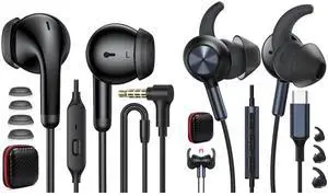 TOPAUX 3.5mm Wired Earbud in-Ear Headphone with Mic Wired Earbuds USB Type C Earphone Secure Wingtip Noise Canceling in-Ear Headphone with Mic for iPhone 16e 16 Pro Max 15 Plus 1Corded Game Headset