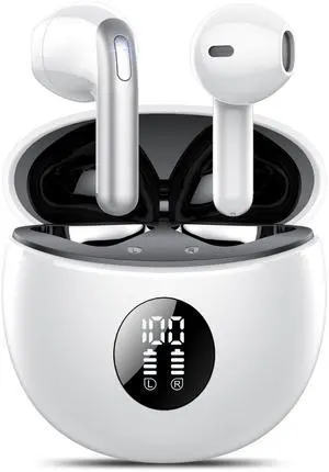 Wireless Earbuds, Bluetooth Headphones 5.4, 50H Playtime LED Display Deep Bass Ear Buds with 4 ENC Noise Cancelling Mic, IP7 Waterproof in-Ear Earphones for Phone Tablet Laptop Sports, White Black