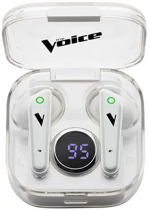 The Voice Duo True Wireless Stereo Earbuds with Mic, White Color, Charging Case with LCD Screen, Bluetooth Connect, Auto-Pairing, Use with Siri or Google Assistant, iOS or Android Compatible